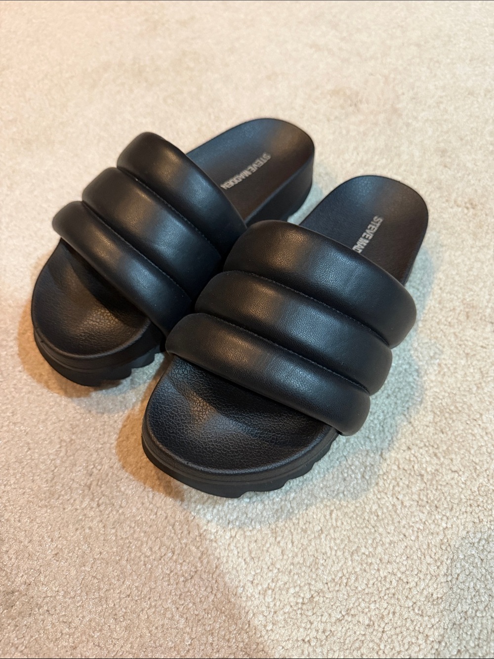 Steve Madden Black Padded Slide Sandals with Triple-Band Straps